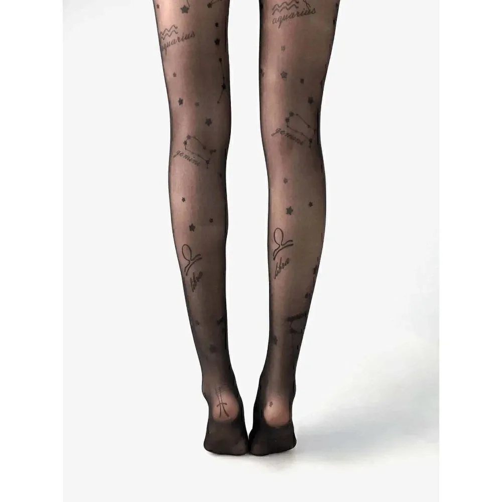 ⭐ Astrology Zodiac Constellations Tattoo Printed Black Sheer Nylon Tights NEW